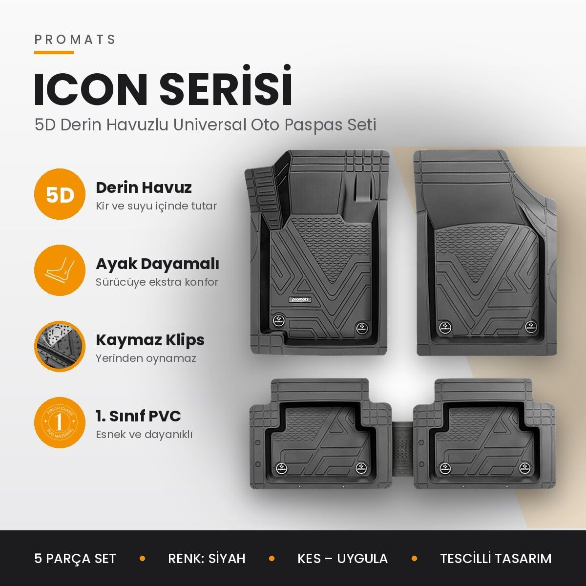 Promats ICON 5D Havuzlu Universal Oto Paspas Seti – Siyah | Ayak Dayamalı, 5 Parça, 1. Sınıf PVC