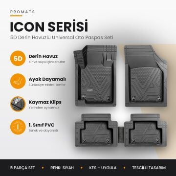 Promats ICON 5D Havuzlu Universal Oto Paspas Seti – Siyah | Ayak Dayamalı, 5 Parça, 1. Sınıf PVC
