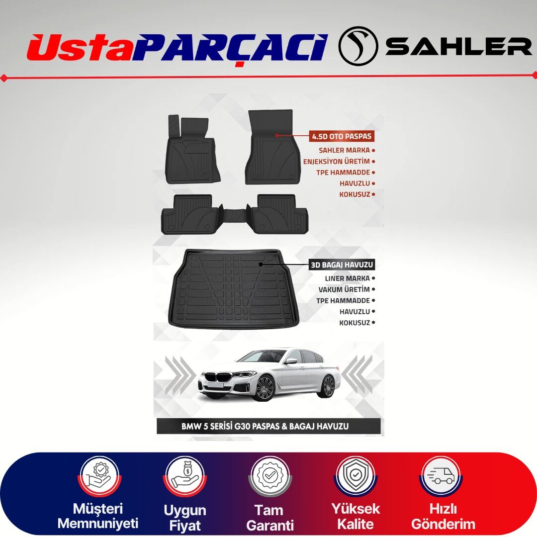 Sahler BMW G30 5 Serisi 2017-2023 Uyumlu Araca Özel 4.5D Havuzlu Oto Paspas + 3D Bagaj Havuzu (6 Parça)