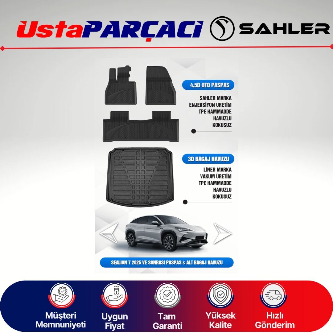Sahler Byd Sealion 7 2025+ Uyumlu Araca Özel 4.5D Havuzlu Oto Paspas + 3D Alt Bagaj Havuzu (5 Parça)