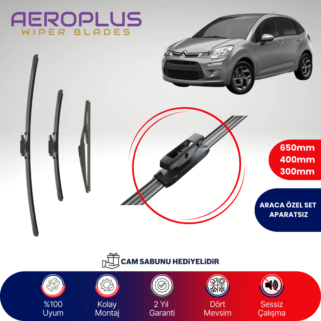 Aeroplus Citroen C3 2009-2016 Ön Arka Muz Silecek Takımı