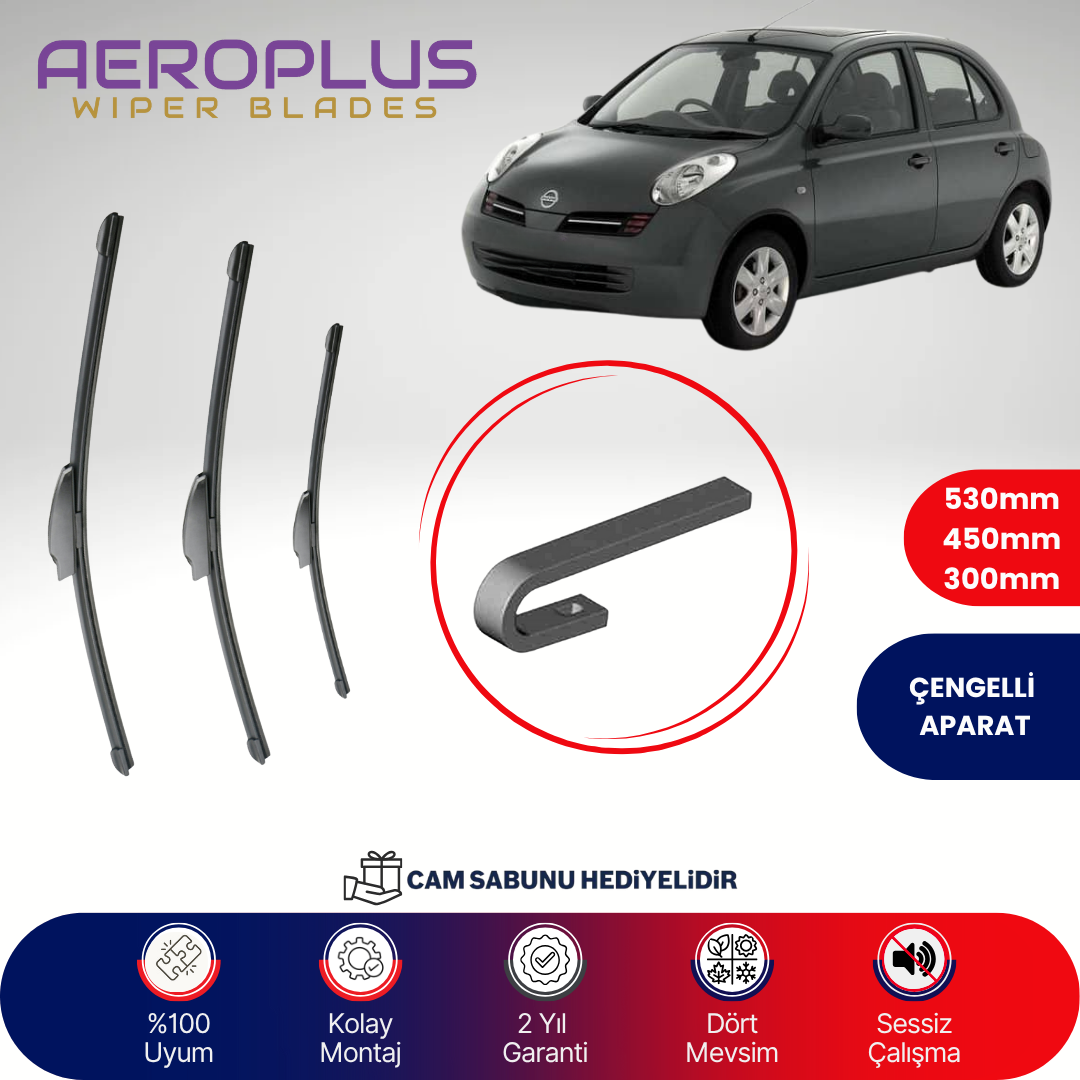 Aeroplus Nissan Micra K12 2003-2005 Ön Arka Muz Silecek Takımı