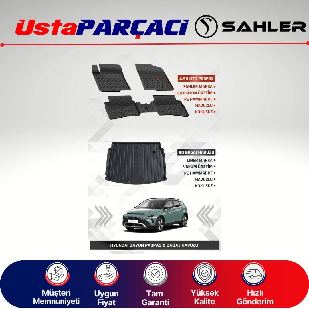 Sahler Hyundai Bayon 2021+ Uyumlu Araca Özel 4.5D Havuzlu Oto Paspas + 3D Bagaj Havuzu (5 Parça)