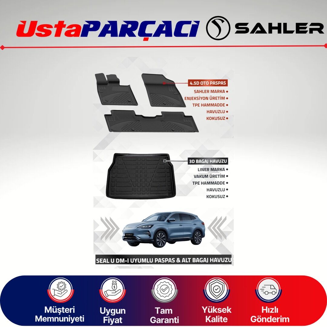 Sahler Byd Seal U Dm-i 2024+ Uyumlu Araca Özel 4.5D Havuzlu Oto Paspas + 3D Alt Bagaj Havuzu (3 Parça)