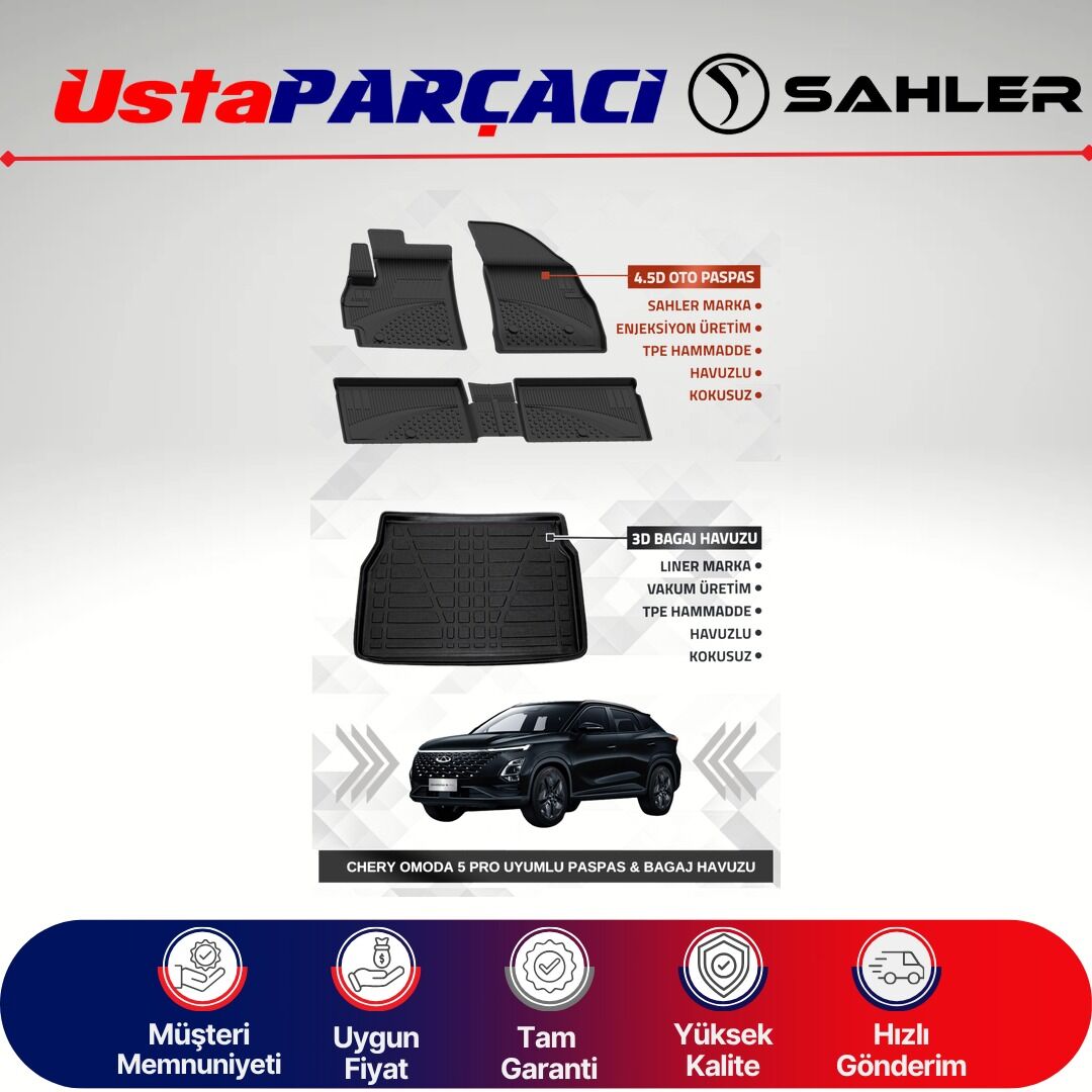 Sahler Chery Omoda 5 Pro Uyumlu Araca Özel 4.5D Havuzlu Oto Paspas + 3D Bagaj Havuzu (5 Parça)