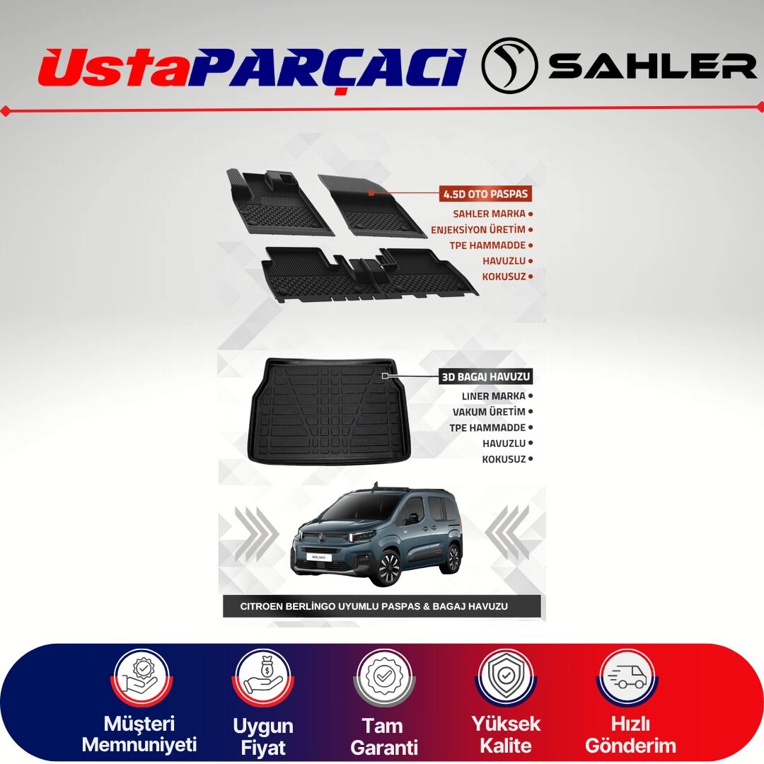 Sahler Citroen Berlingo 2019+ Uyumlu Araca Özel 4.5D Havuzlu Oto Paspas + 3D Bagaj Havuzu (4 Parça)