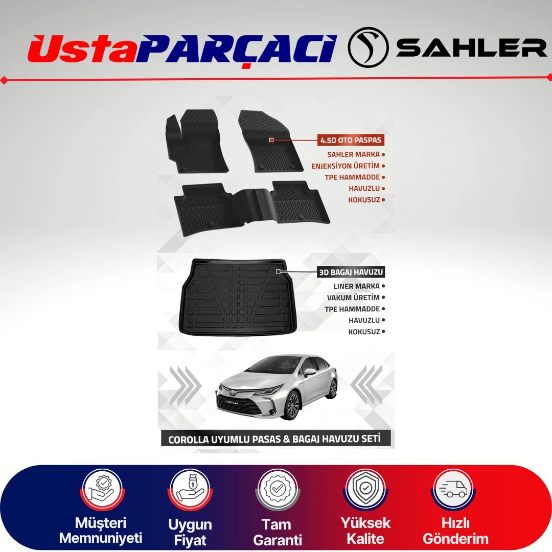 Sahler Toyota Corolla Sedan 2019-2025 Uyumlu Araca Özel 4.5D Havuzlu Oto Paspas + 3D Bagaj Havuzu