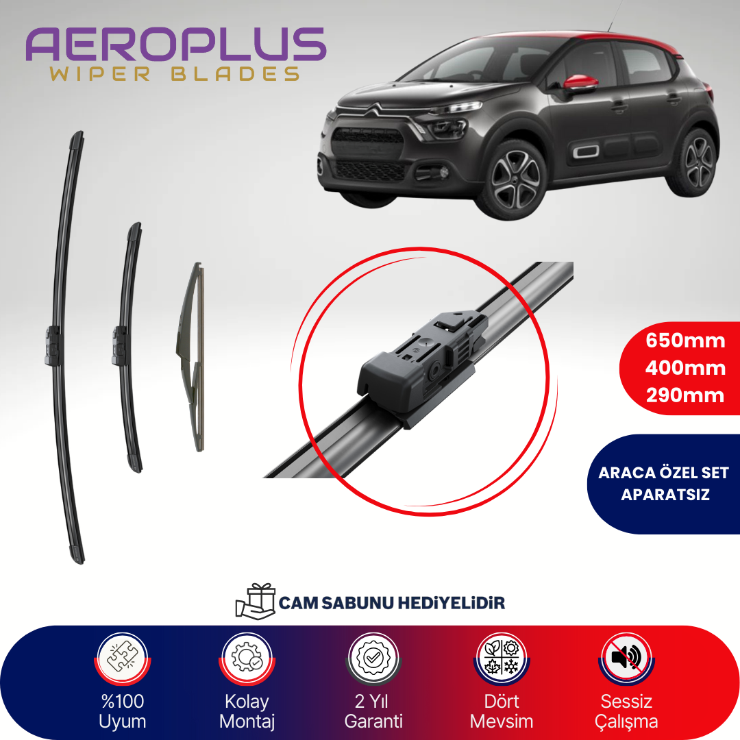 Aeroplus Citroen C3 2016-2023 Ön Arka Muz Silecek Takımı