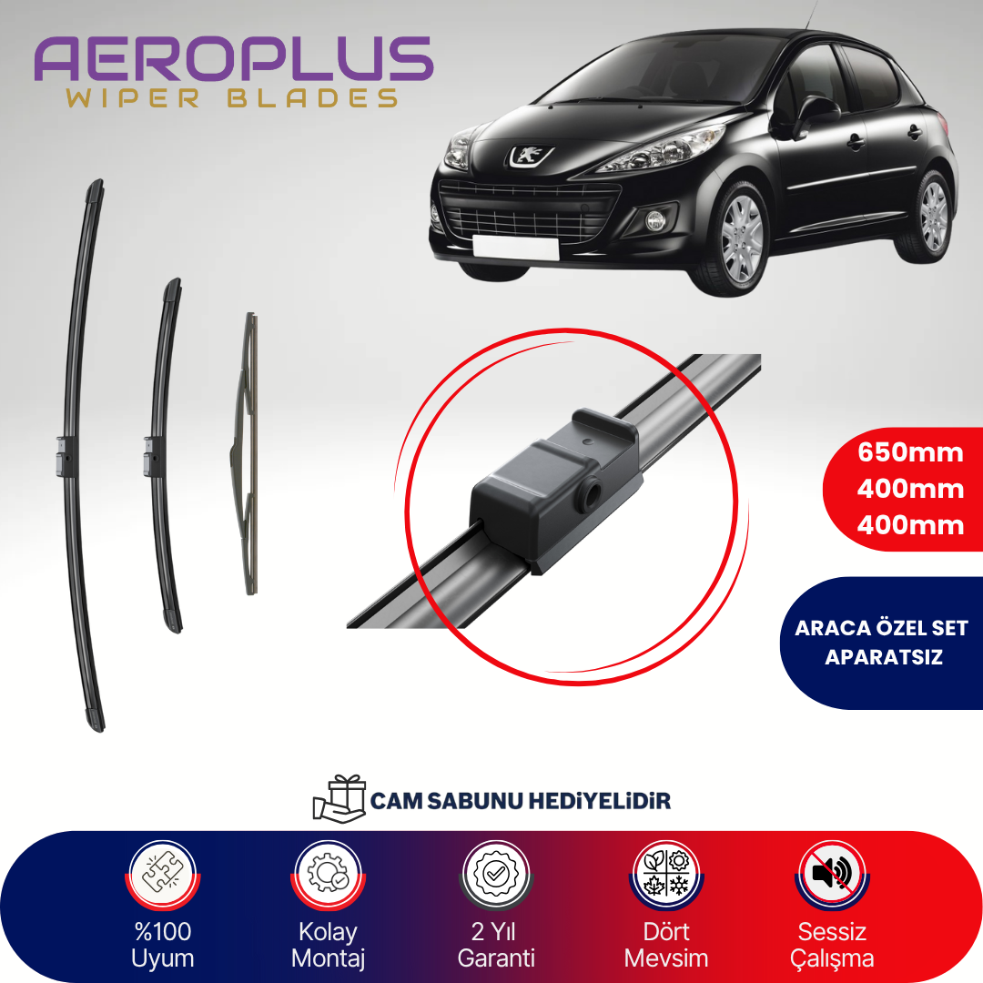 Aeroplus Peugeot 207 2006-2012 Ön Arka Muz Silecek Takımı