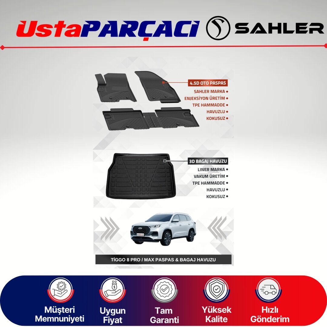 Sahler Chery Tiggo 8 Pro / Max 2022-2025 Uyumlu Araca Özel 4.5D Havuzlu Oto Paspas + 3D Bagaj Havuzu (3 Parça)