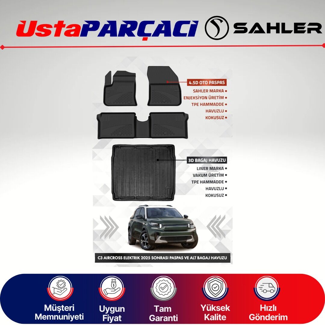 Sahler Citroen C3 Aircross Elektrikli 2025+ Uyumlu Araca Özel 4.5D Havuzlu Oto Paspas (5 Parça) Siyah