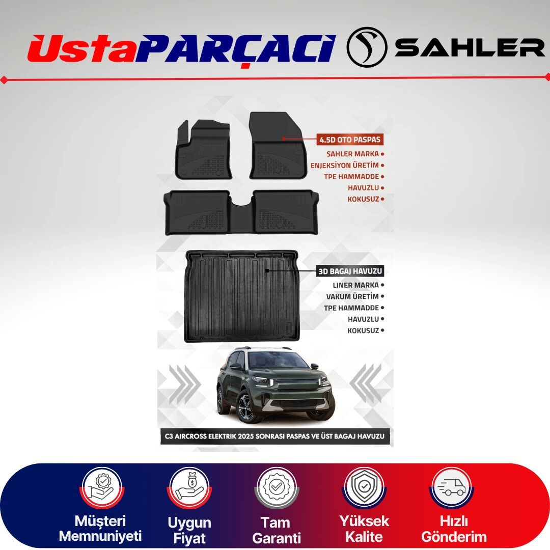 Sahler Citroen C3 Aircross Elektrikli 2025+ Uyumlu Araca Özel 4.5D Havuzlu Oto Paspas (5 Parça) Siyah