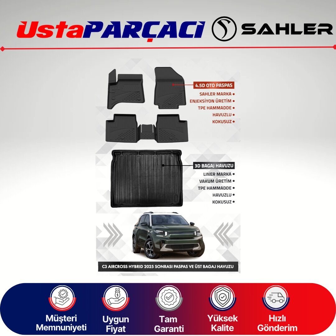 Sahler Citroen C3 Aircross Hybrid 2025 ve+ Uyumlu Araca Özel 4.5D Havuzlu Oto Paspas (5 Parça) Siyah