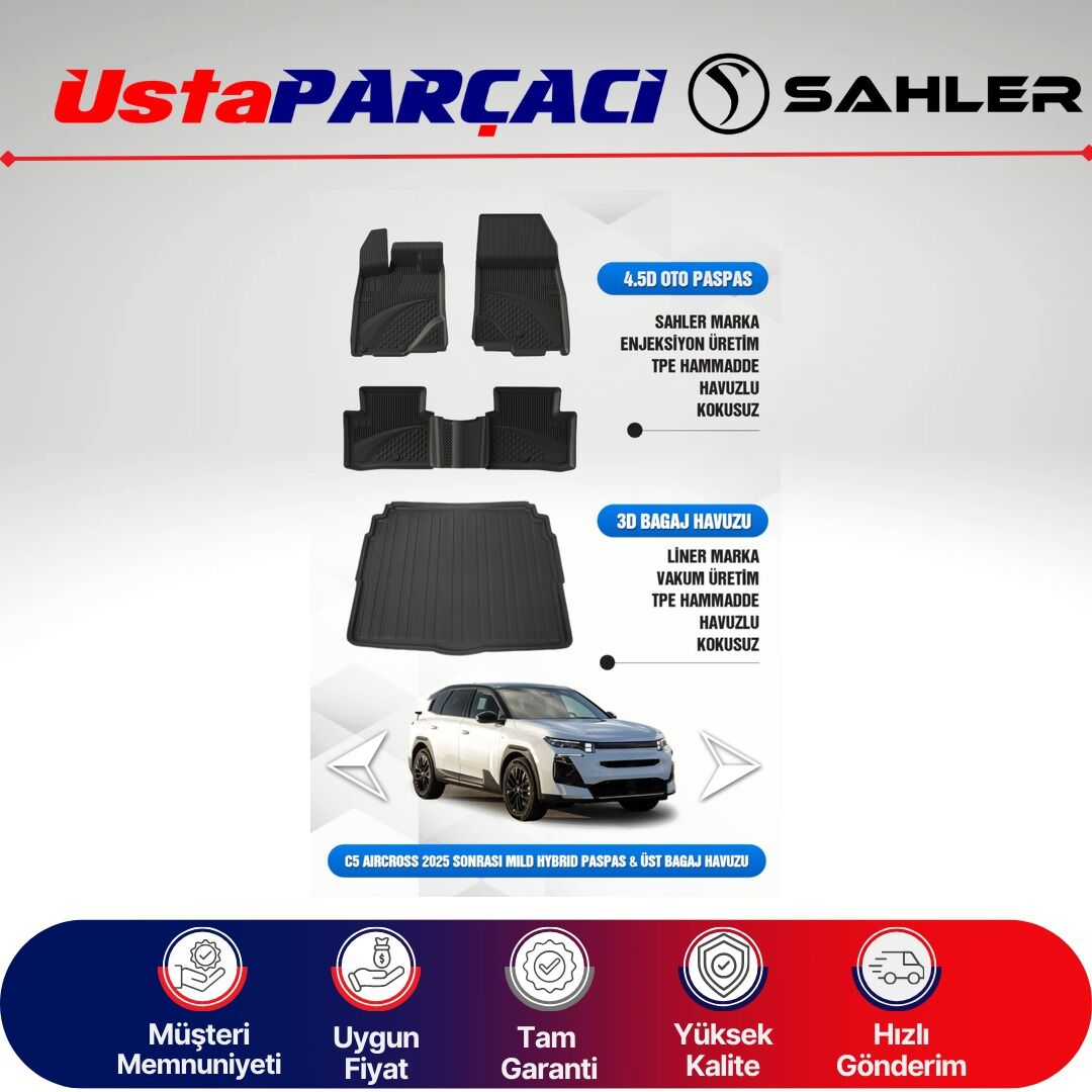 Sahler Citroen C5 Aircross Hybrid 2025+ Uyumlu Araca Özel 4.5D Havuzlu Oto Paspas + 3D Üst Bagaj Havuzu (5 Parça)
