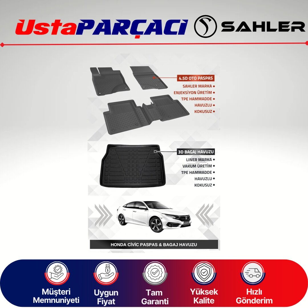 Sahler Honda Civic 2016-2021 Uyumlu Araca Özel 4.5D Havuzlu Oto Paspas + 3D Bagaj Havuzu (5 Parça)