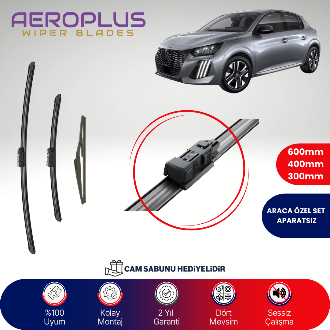 Aeroplus Peugeot 208 2019-2023 Ön Arka Muz Silecek Takımı