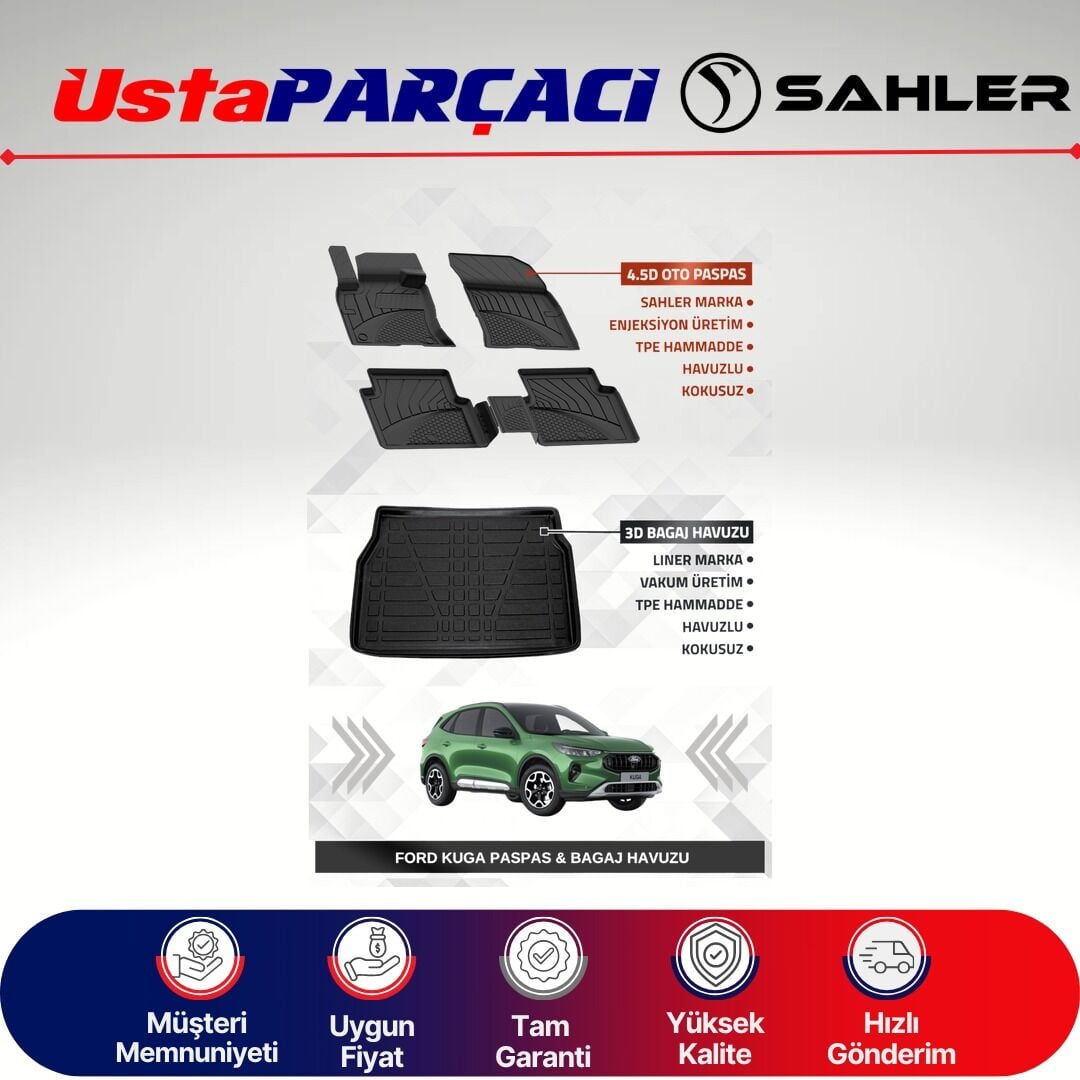 Sahler Ford Kuga 2020+ Uyumlu Araca Özel 4.5D Havuzlu Oto Paspas + 3D Bagaj Havuzu (5 Parça)