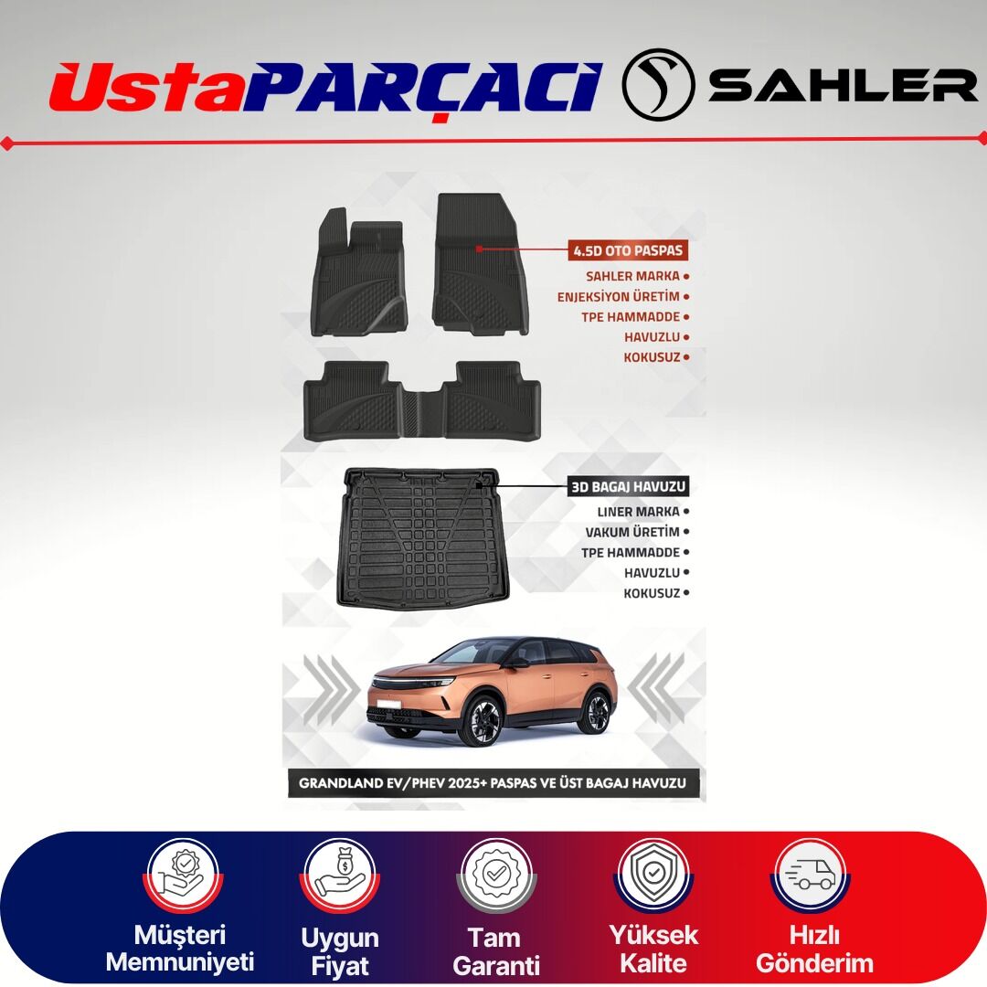 Sahler Opel Grandland Elektrikli / Hybrid 2025+ Uyumlu Araca Özel 4.5D Havuzlu Oto Paspas + 3D Üst Bagaj Havuzu (5 Parça)