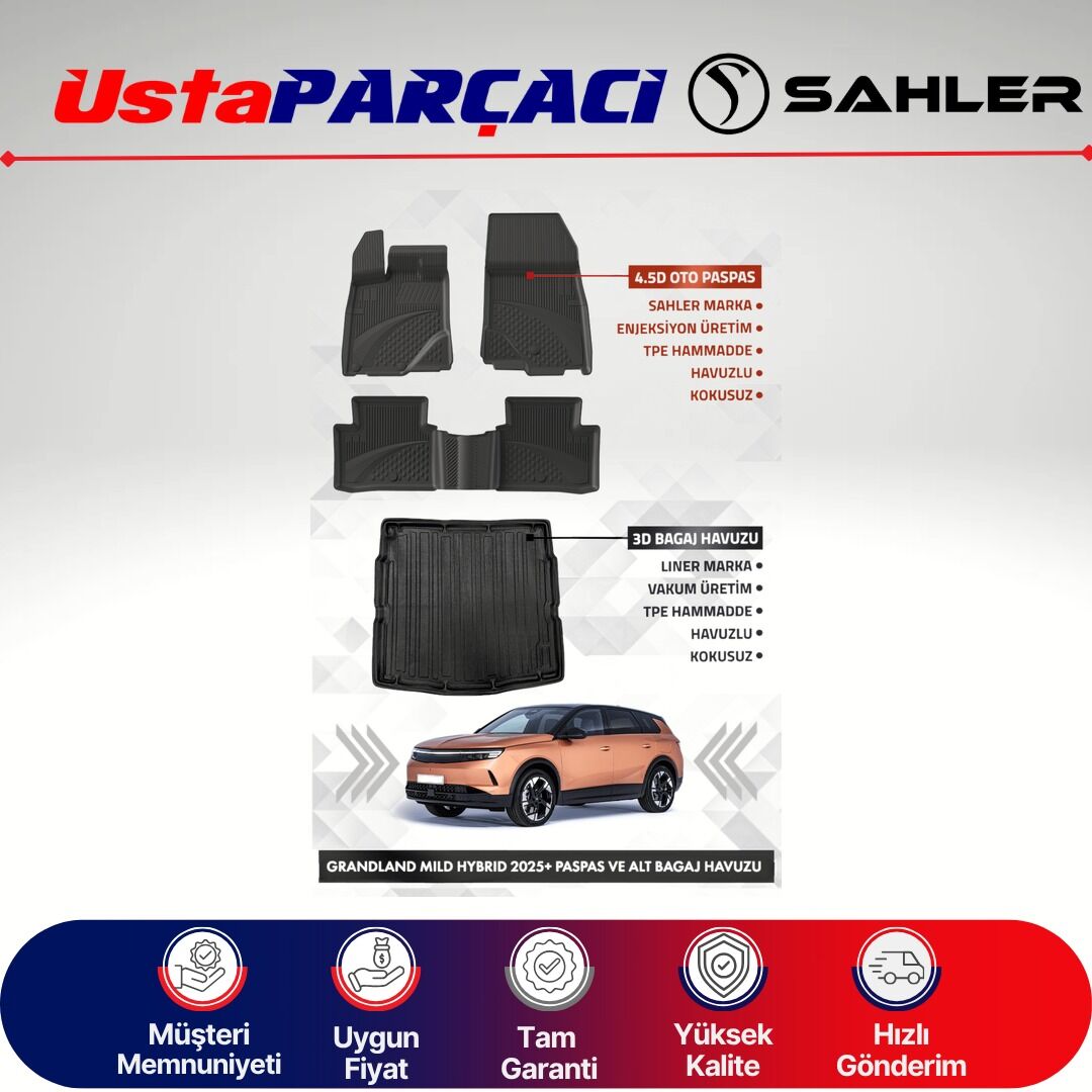 Sahler Opel Grandland Hybrid 2025+ Uyumlu Araca Özel 4.5D Havuzlu Oto Paspas + 3D Alt Bagaj Havuzu (5 Parça)