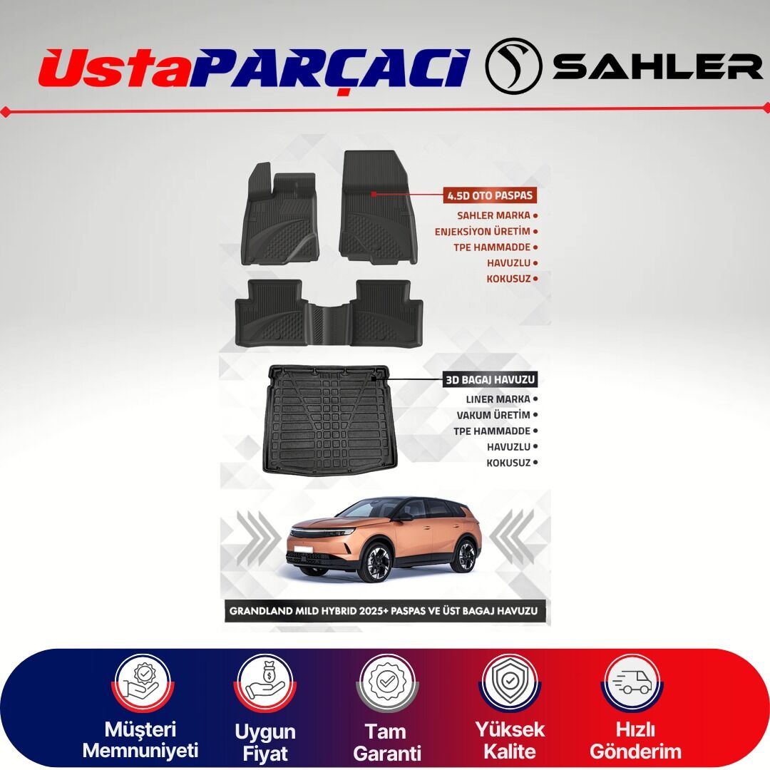 Sahler Opel Grandland Hybrid 2025+ Uyumlu Araca Özel 4.5D Havuzlu Oto Paspas + 3D Üst Bagaj Havuzu (5 Parça)