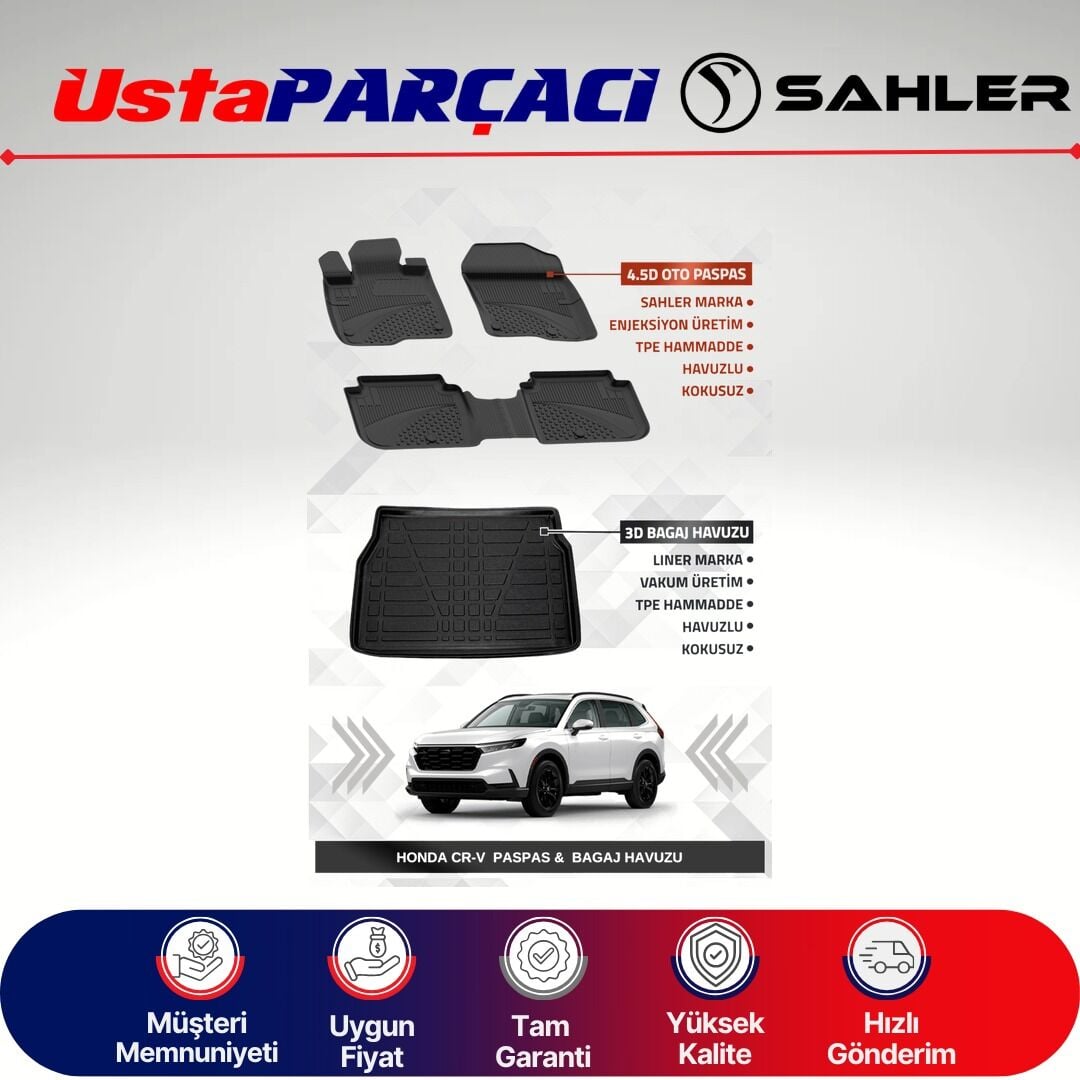 Sahler Honda Cr-V 2024+ Uyumlu Araca Özel 4.5D Havuzlu Oto Paspas + 3D Bagaj Havuzu (4 Parça)