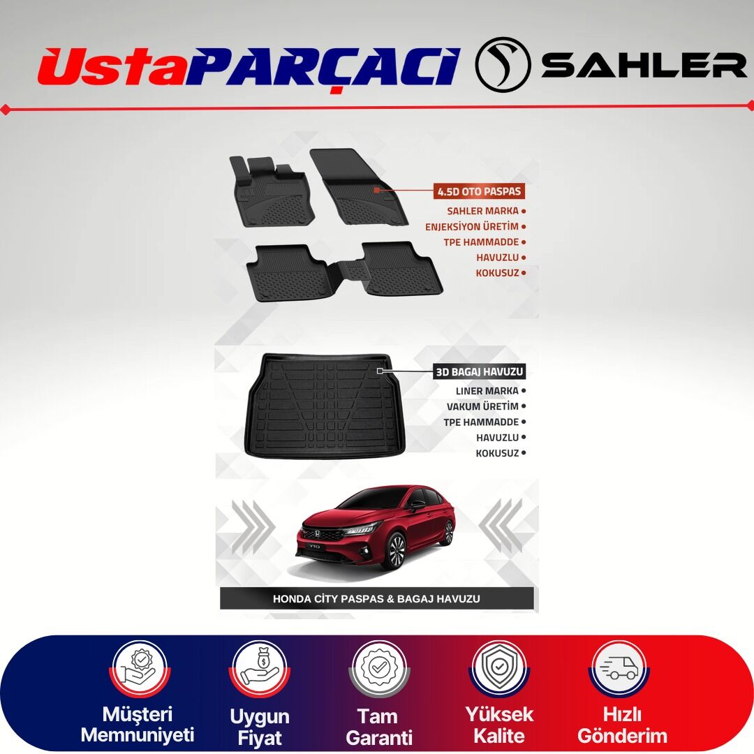 Sahler Honda City 2019+ Uyumlu Araca Özel 4.5D Havuzlu Oto Paspas + 3D Bagaj Havuzu (5 Parça)