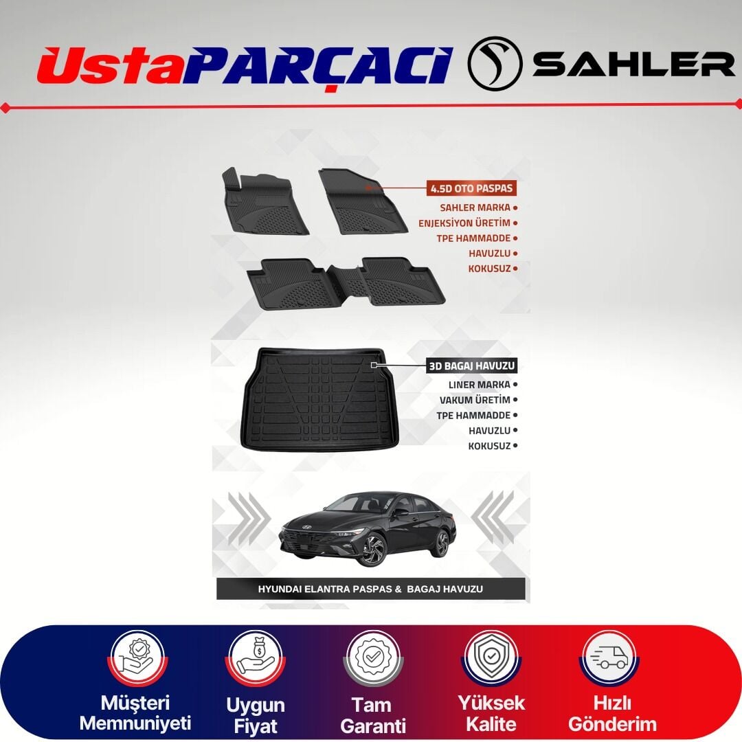 Sahler Hyundai Elantra 2021+ Uyumlu Araca Özel 4.5D Havuzlu Oto Paspas + 3D Bagaj Havuzu (5 Parça)