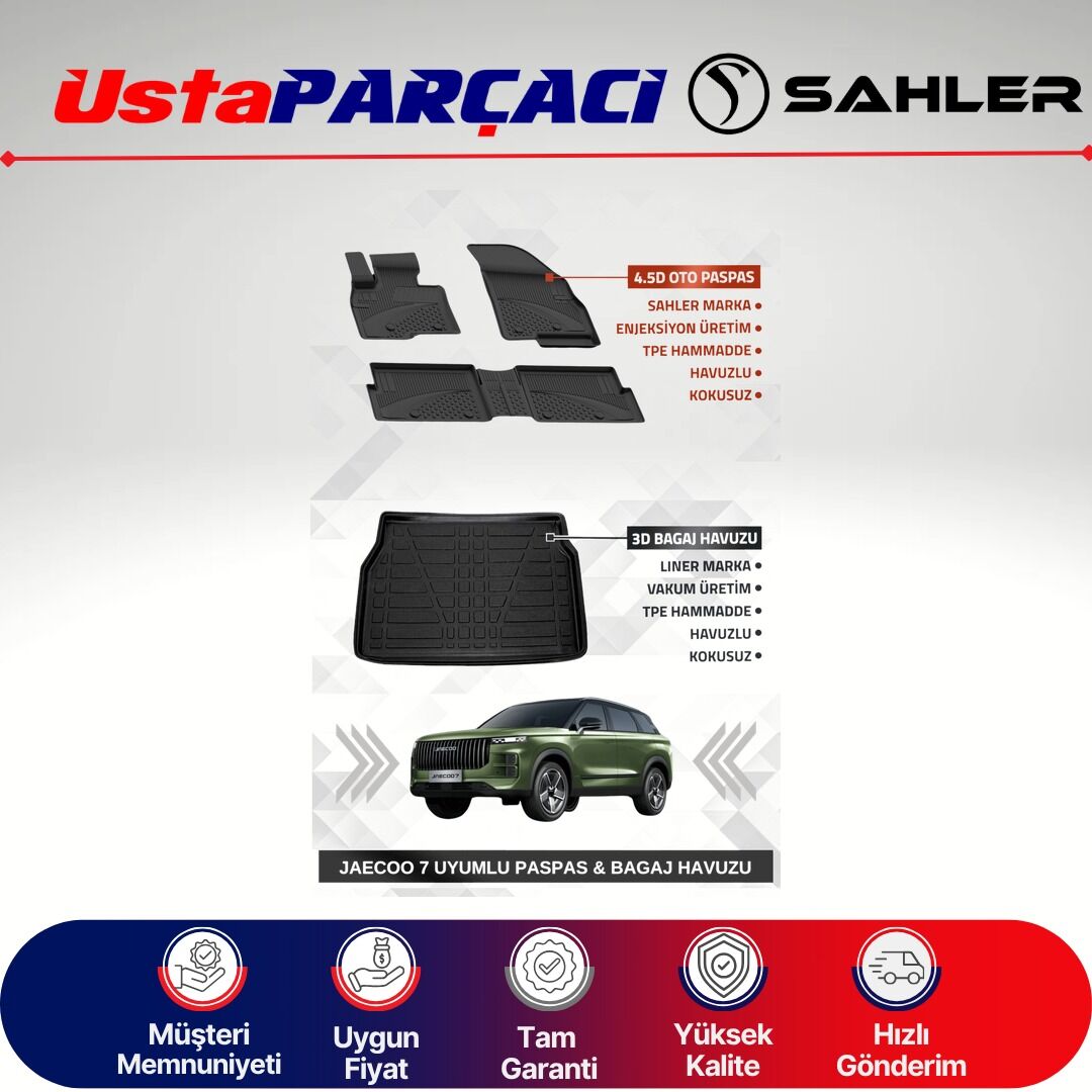 Sahler Jaecoo 7 4X4 2024+ Uyumlu Araca Özel 4.5D Havuzlu Oto Paspas + 3D Bagaj Havuzu (5 Parça)