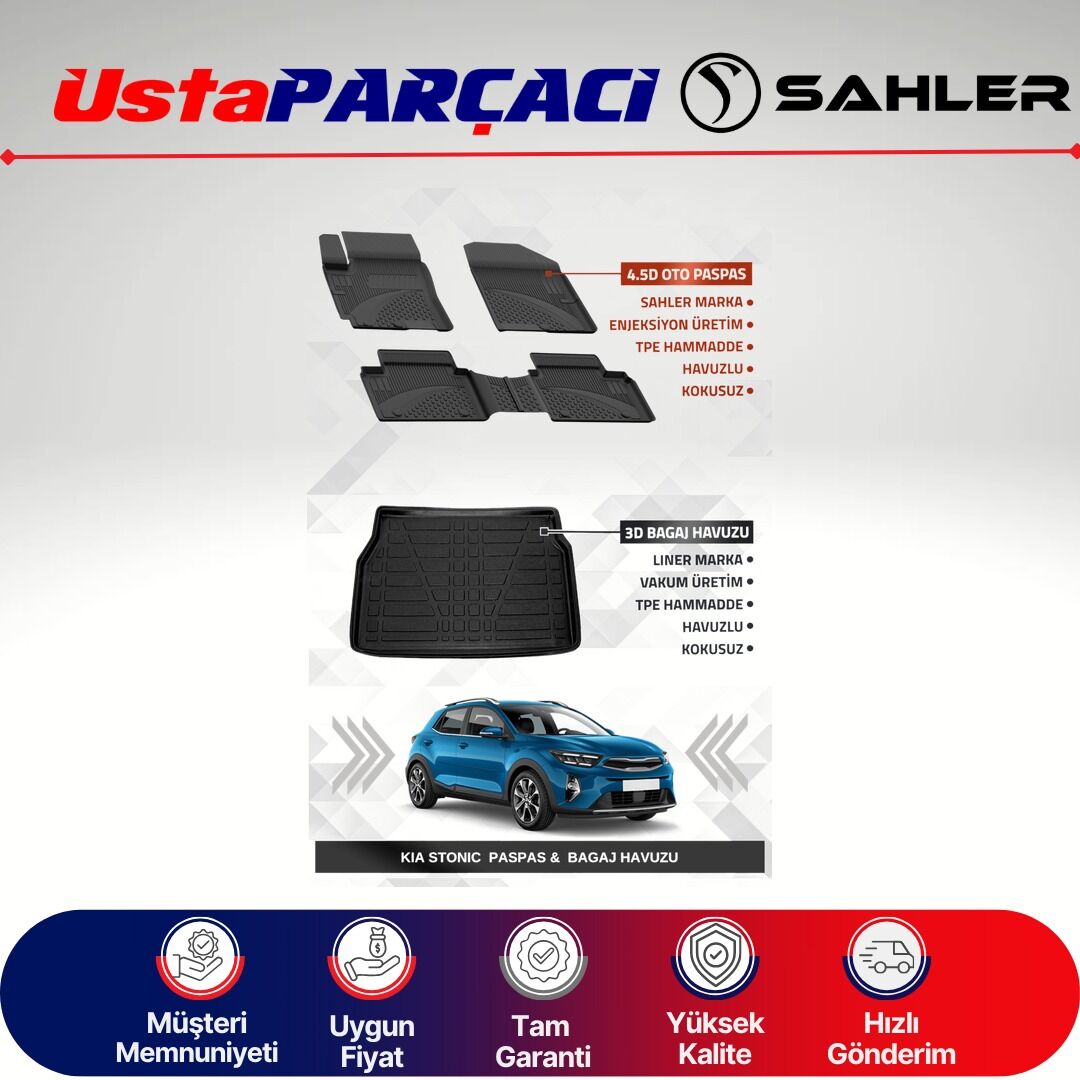 Sahler Kia Stonic 2017-2021(Eski Logolu) Uyumlu Araca Özel 4.5D Havuzlu Oto Paspas + 3D Bagaj Havuzu