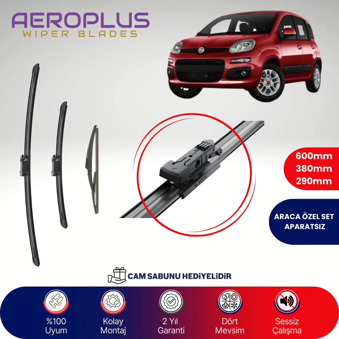 Aeroplus Fiat Panda 2012-2023 Ön Arka Muz Silecek Takımı