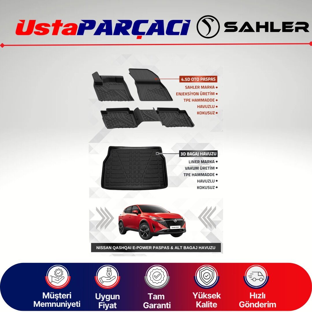 Sahler Nissan Qashqai E-Power 2022 + Uyumlu Araca Özel 4.5D Havuzlu Oto Paspas + 3D Alt Bagaj Havuzu (5 Parça)