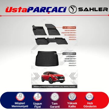 Sahler Nissan Qashqai E-Power 2022 + Uyumlu Araca Özel 4.5D Havuzlu Oto Paspas + 3D Alt Bagaj Havuzu (5 Parça)