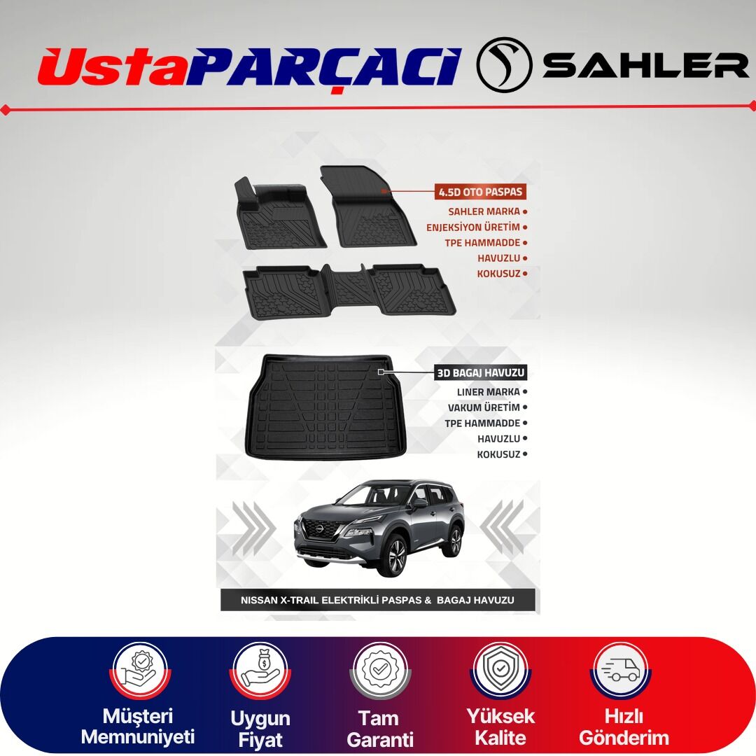 Sahler Nissan X-Trail Elektrikli 2022+ 7 Koltuklu Uyumlu Araca Özel 4.5D Havuzlu Oto Paspas + 3D Bagaj Havuzu