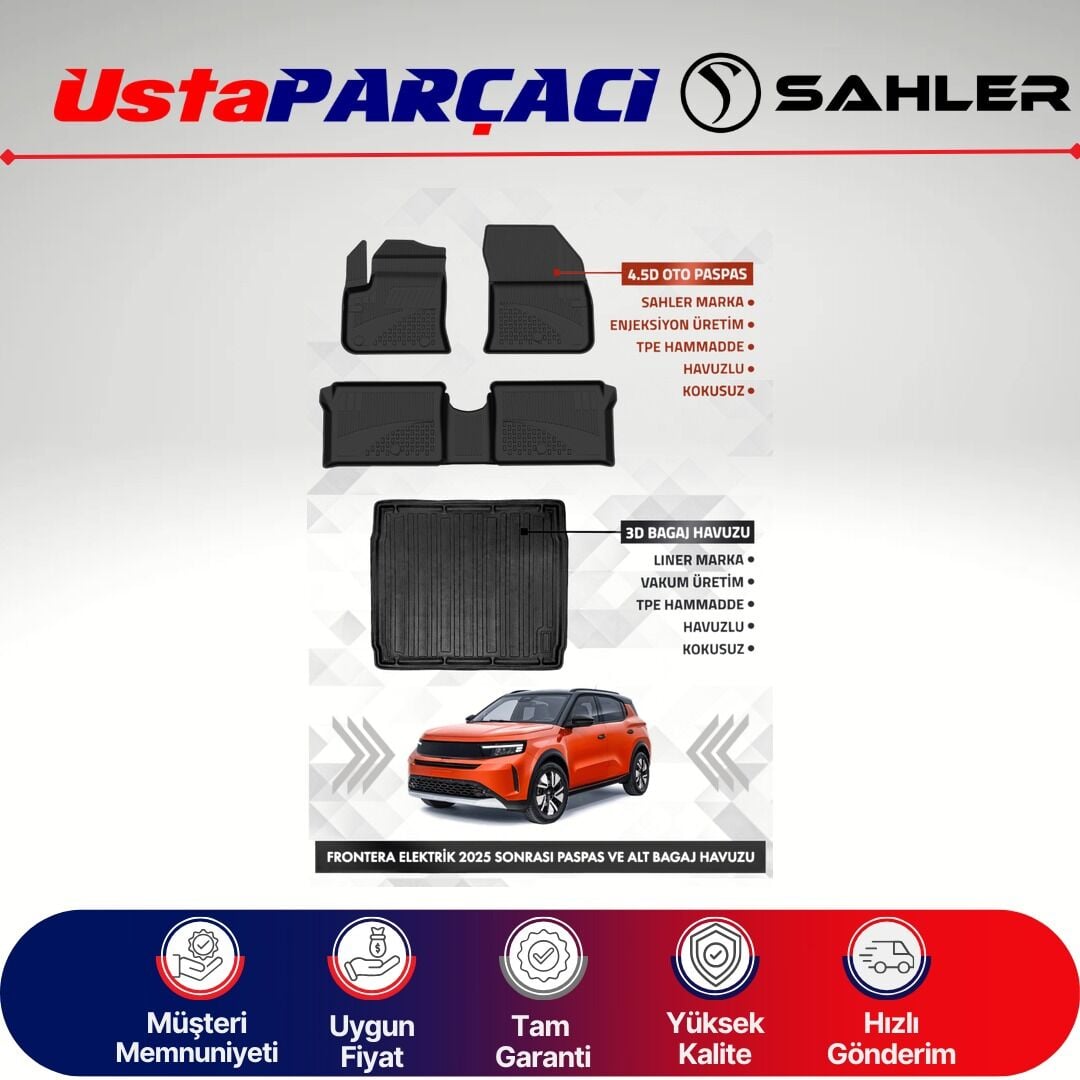 Sahler Opel Frontera Elektrikli 2025 ve+ Uyumlu Araca Özel 4.5D Havuzlu Oto Paspas (5 Parça) Siyah