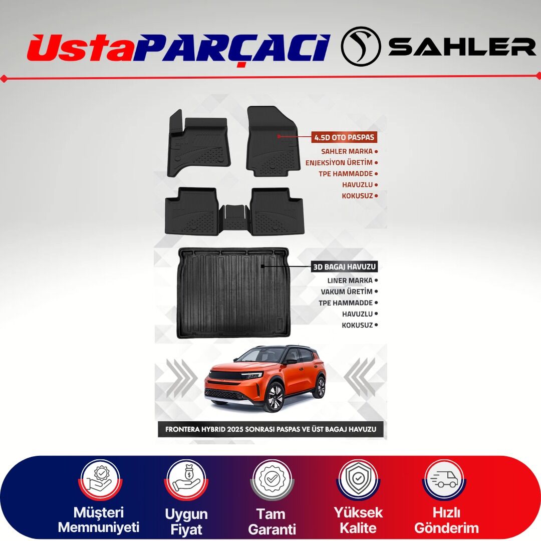 Sahler Opel Frontera Hybrid 2025 ve+ Uyumlu Araca Özel 4.5D Havuzlu Oto Paspas (5 Parça) Siyah