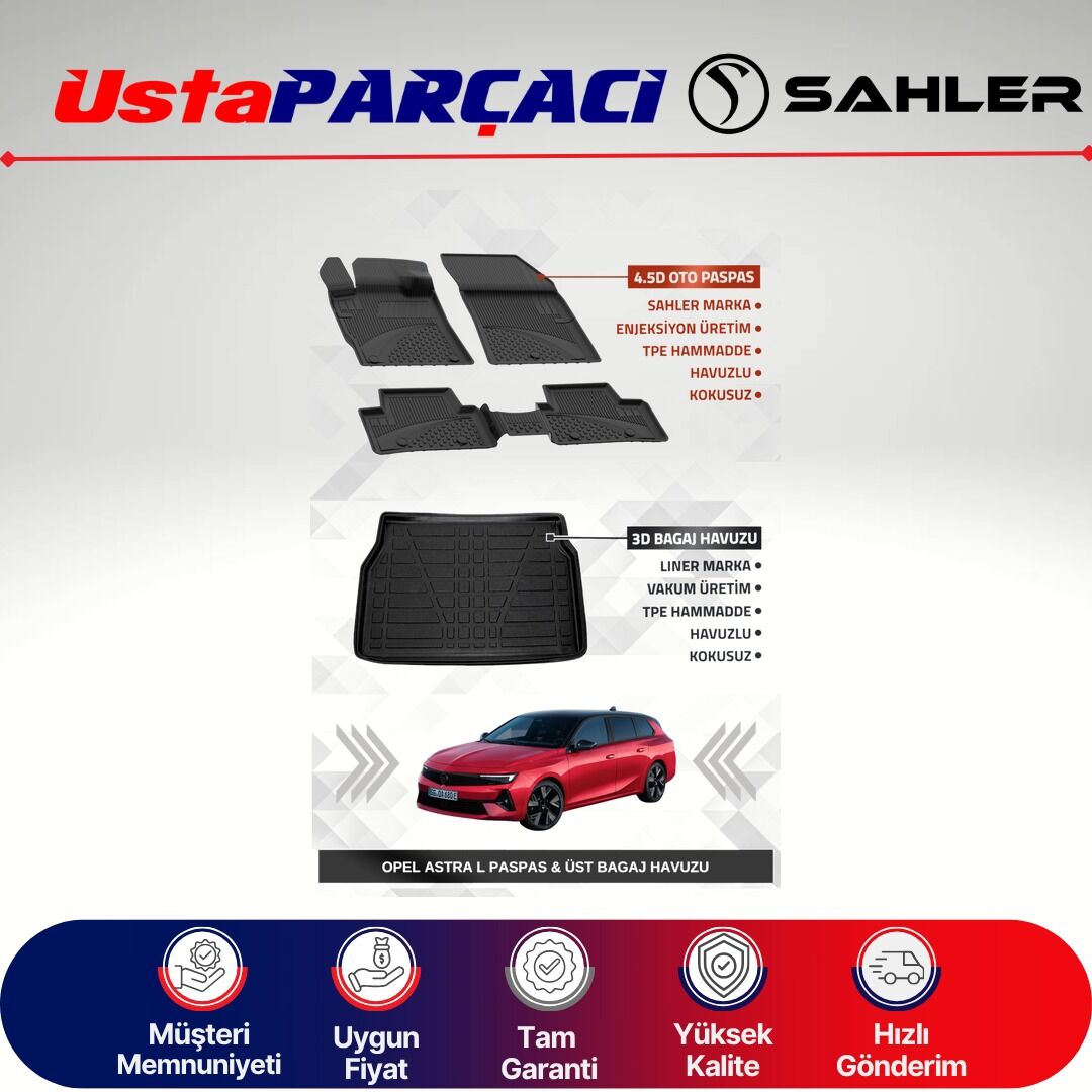 Sahler Opel Astra L 2022+ Uyumlu Araca Özel 4.5D Havuzlu Oto Paspas + 3D Üst Bagaj Havuzu (5 Parça)