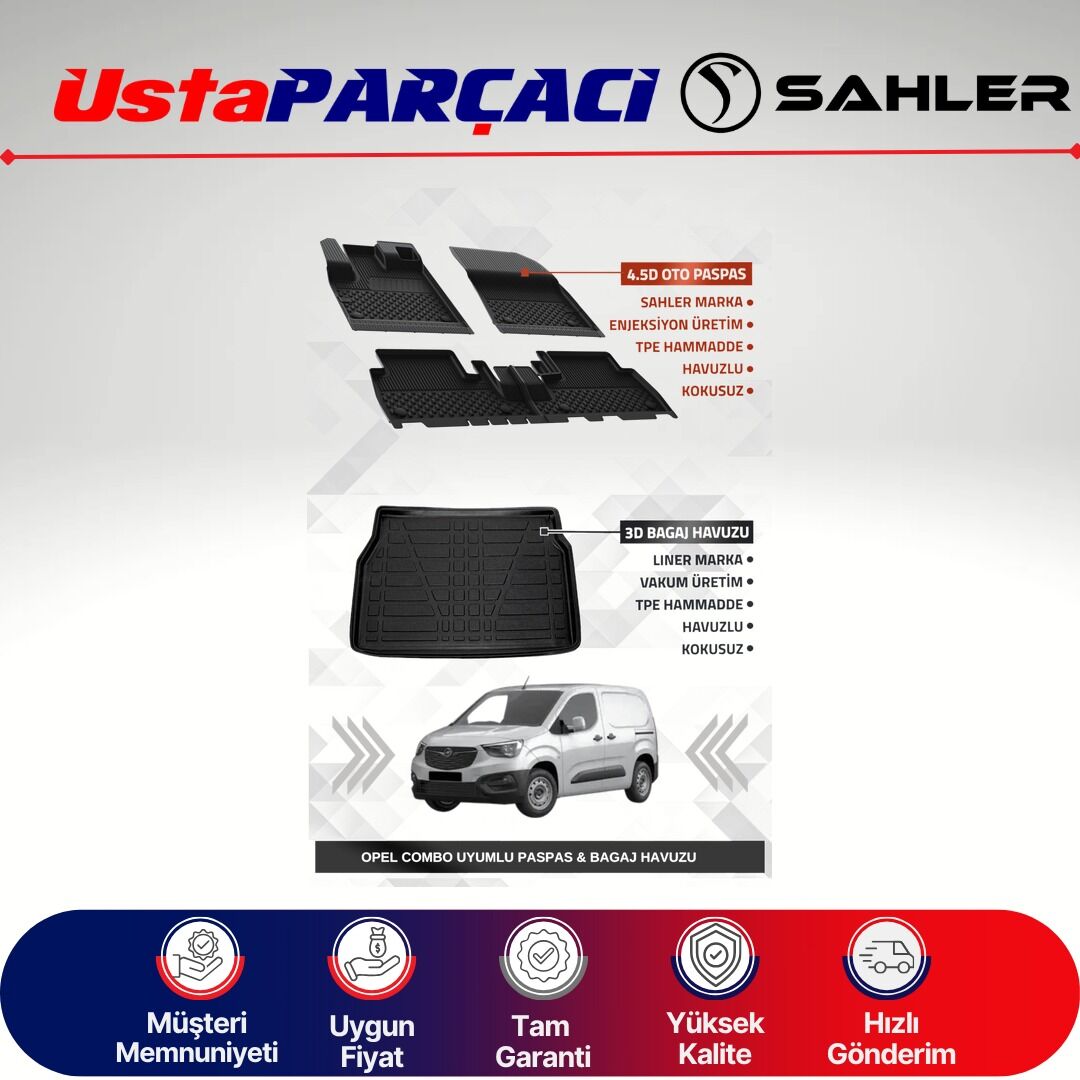 Sahler Opel Combo E 2019+ Uyumlu Araca Özel 4.5D Havuzlu Oto Paspas + 3D Bagaj Havuzu (5 Parça)
