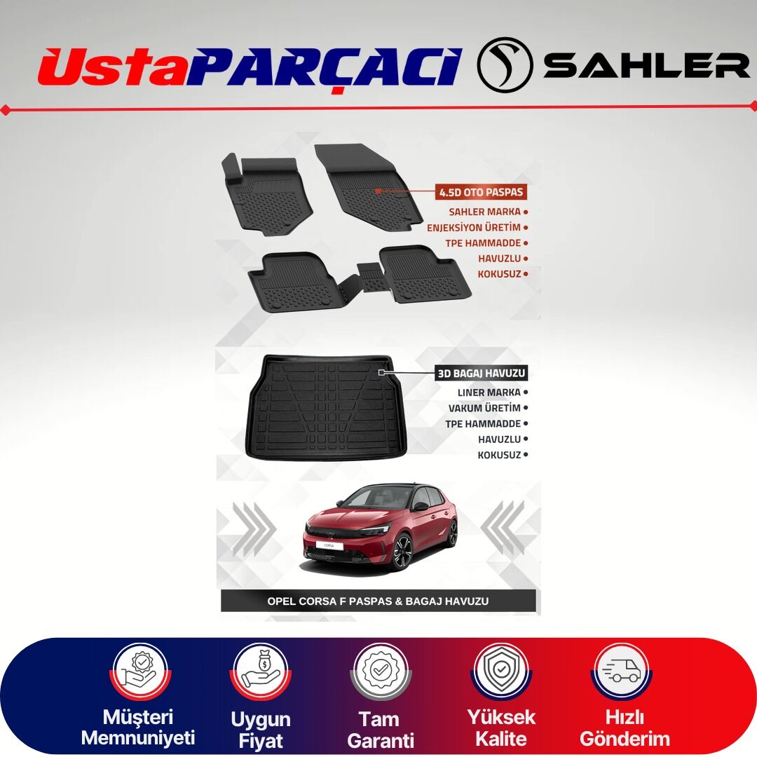 Sahler Opel Corsa F 2020+ Uyumlu Araca Özel 4.5D Havuzlu Oto Paspas + 3D Bagaj Havuzu (5 Parça)