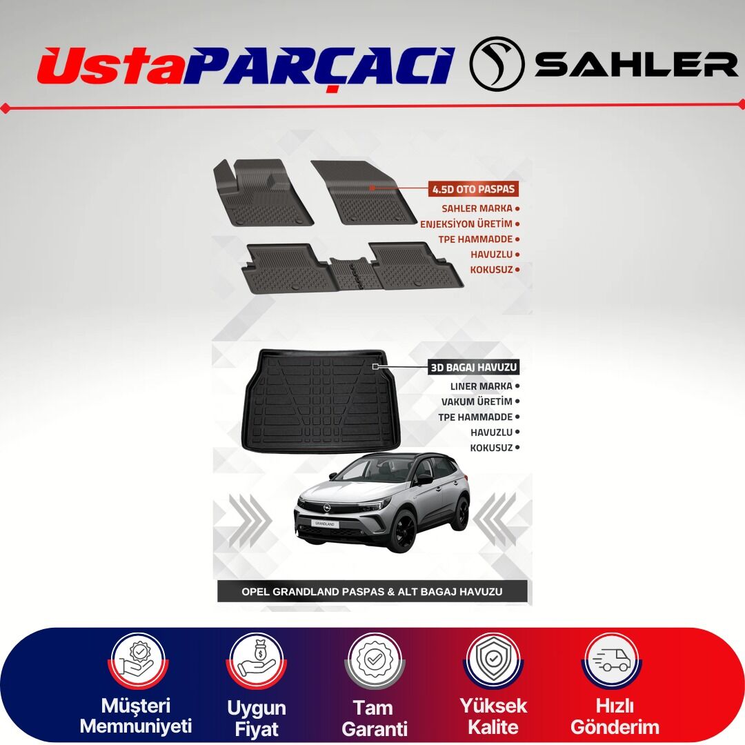 Sahler Opel Grandland 2017-2024 Uyumlu Araca Özel 4.5D Havuzlu Oto Paspas + 3D Alt Bagaj Havuzu (5 Parça)
