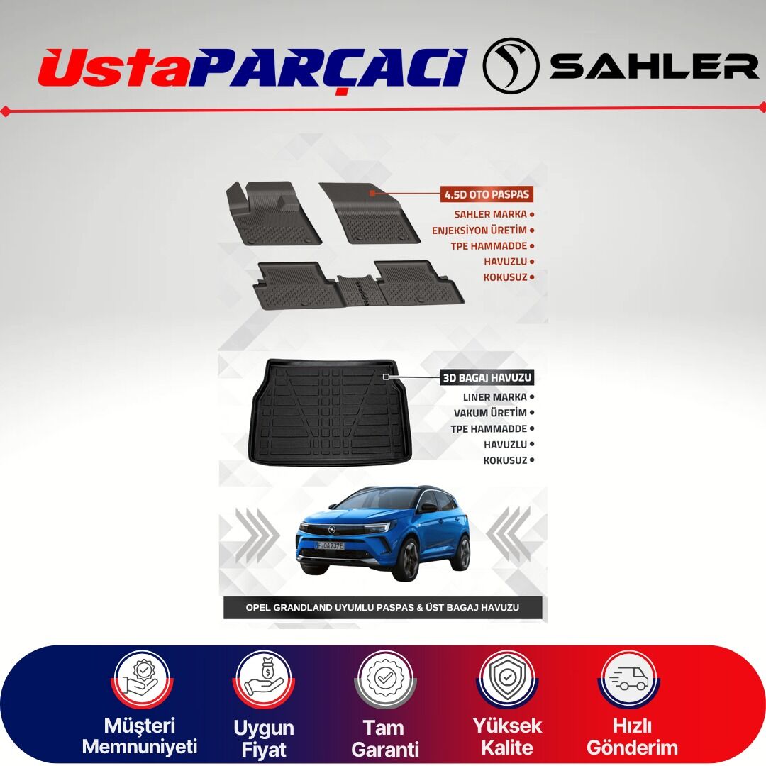 Sahler Opel Grandland 2017-2024 Uyumlu Araca Özel 4.5D Havuzlu Oto Paspas + 3D Üst Bagaj Havuzu (5 Parça)