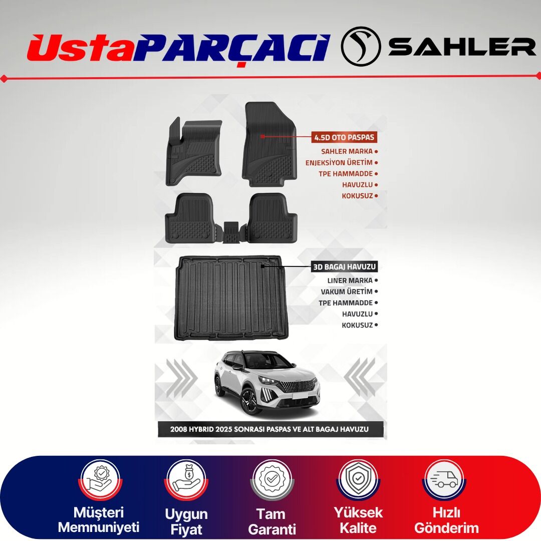 Sahler Peugeot 2008 Hybrid 2025+ Uyumlu Araca Özel 4.5D Havuzlu Oto Paspas + 3D Alt Bagaj Havuzu (5 Parça)