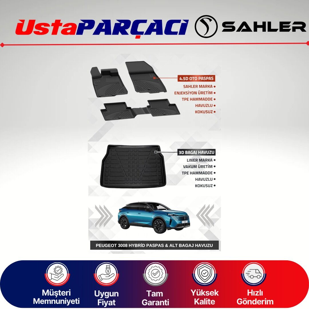 Sahler Peugeot 3008 2024+ Hybrid Uyumlu Araca Özel 4.5D Havuzlu Oto Paspas + 3D Alt Bagaj Havuzu (5 Parça)