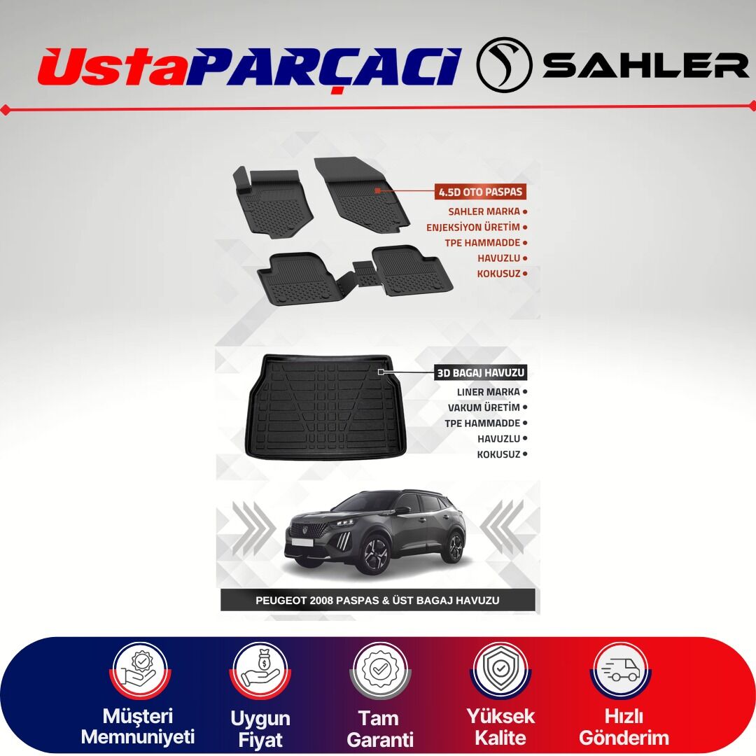 Sahler Peugeot 2008 2019-2025 Uyumlu Araca Özel 4.5D Havuzlu Oto Paspas + 3D Üst Bagaj Havuzu (5 Parça)