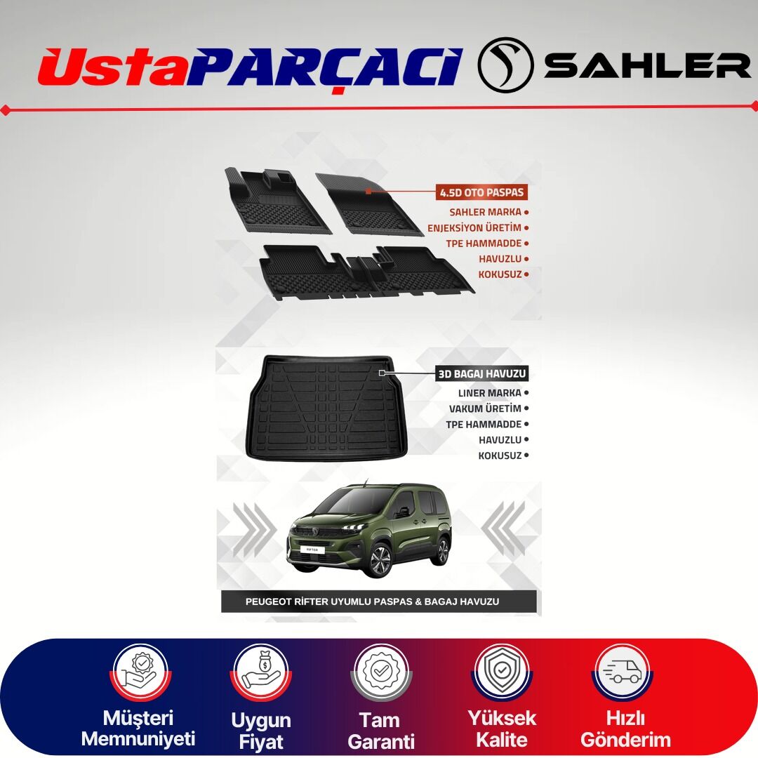 Sahler Peugeot Rifter 2019+ Uyumlu Araca Özel 4.5D Havuzlu Oto Paspas + 3D Bagaj Havuzu (5 Parça)