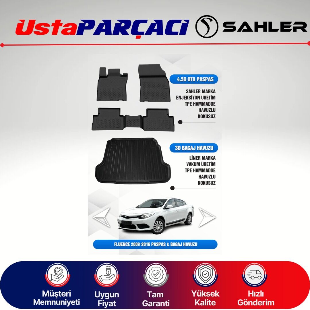 Sahler Renault Fluence 2009-2016 Uyumlu Araca Özel 4.5D Havuzlu Oto Paspas + 3D Bagaj Havuzu (5 Parça)