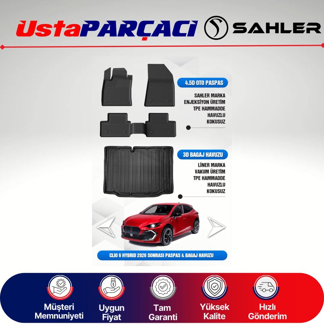 Sahler Renault Clio 6 2026+ Uyumlu Araca Özel 4.5D Havuzlu Oto Paspas + 3D Bagaj Havuzu (5 Parça)