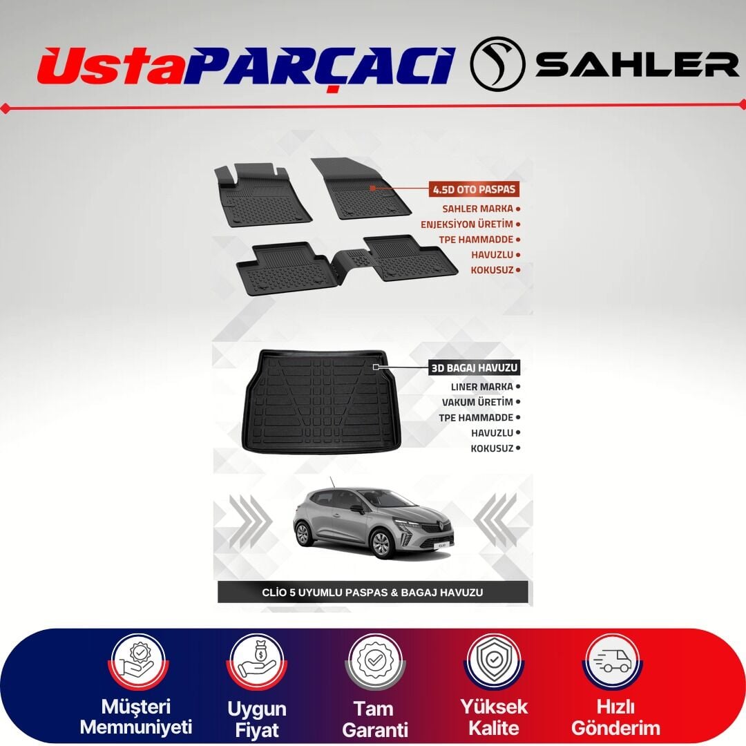Sahler Renault Clio 5 2020+ Uyumlu Araca Özel 4.5D Havuzlu Oto Paspas + 3D Bagaj Havuzu (5 Parça)