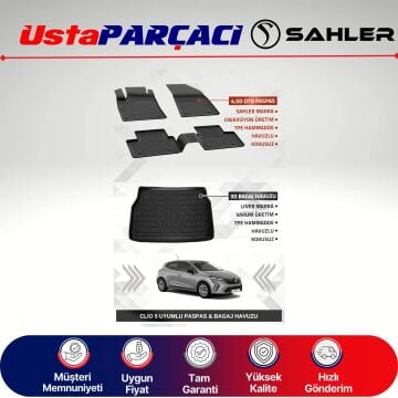 Sahler Renault Clio 5 2020+ Uyumlu Araca Özel 4.5D Havuzlu Oto Paspas + 3D Bagaj Havuzu (5 Parça)