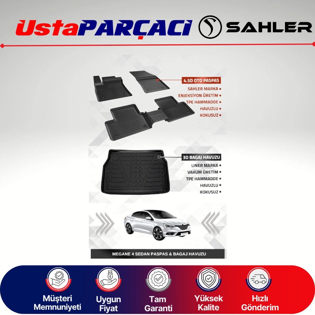 Sahler Renault Megane 4 Sedan 2016+ Uyumlu Araca Özel 4.5D Havuzlu Oto Paspas + 3D Bagaj Havuzu (5 Parça)