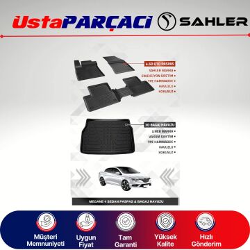 Sahler Renault Megane 4 Sedan 2016+ Uyumlu Araca Özel 4.5D Havuzlu Oto Paspas + 3D Bagaj Havuzu (5 Parça)